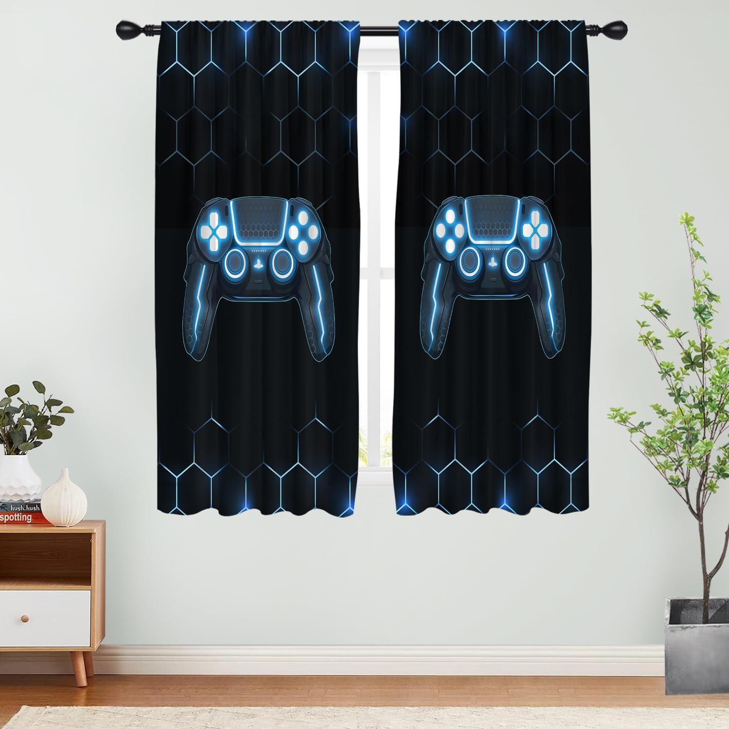 Tech Office Youtube - Gaming Controller Curtains Neon Tech Hexagon